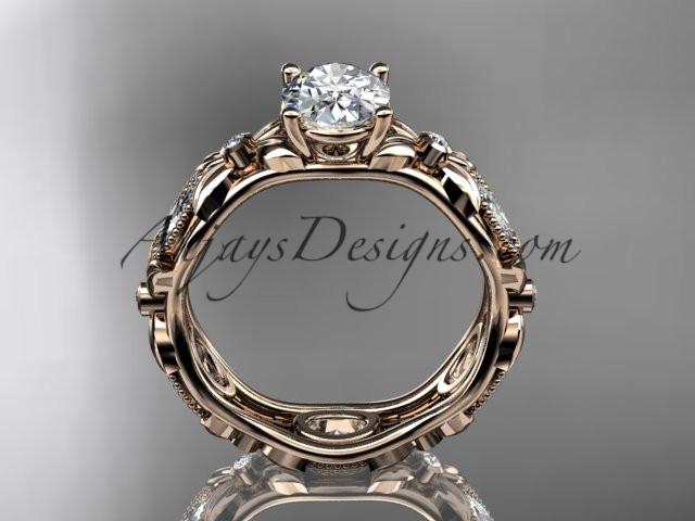 14kt rose gold diamond leaf and vine wedding ring, engagement ring with a "Forever One" Moissanite center stone ADLR152 - AnjaysDesigns
