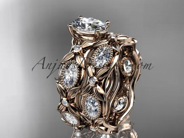 14kt rose gold diamond leaf and vine wedding ring, engagement set with a "Forever One" Moissanite center stone ADLR152S - AnjaysDesigns