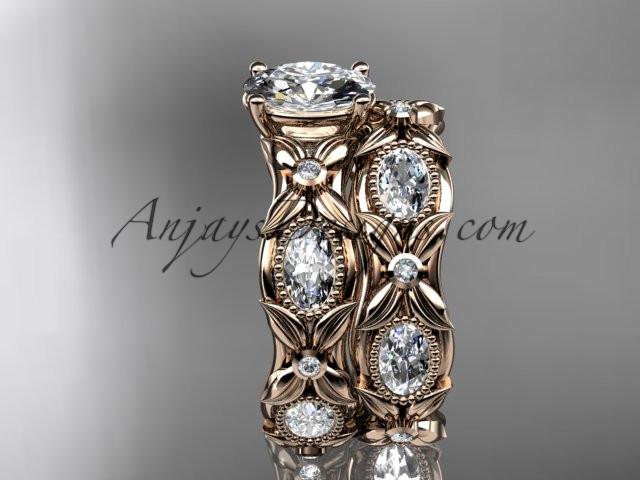 14kt rose gold diamond leaf and vine wedding ring, engagement set with a "Forever One" Moissanite center stone ADLR152S - AnjaysDesigns