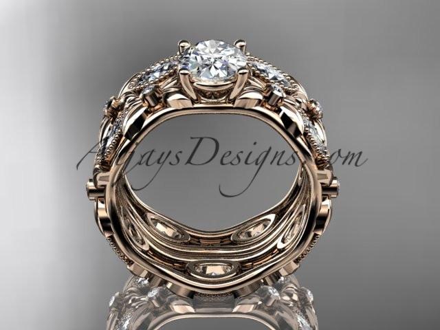 14kt rose gold diamond leaf and vine wedding ring, engagement set with a "Forever One" Moissanite center stone ADLR152S - AnjaysDesigns