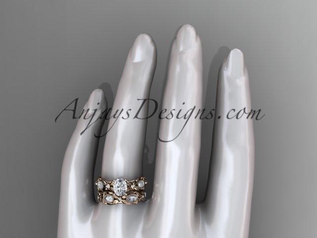 14kt rose gold diamond leaf and vine wedding ring, engagement set with a "Forever One" Moissanite center stone ADLR152S - AnjaysDesigns
