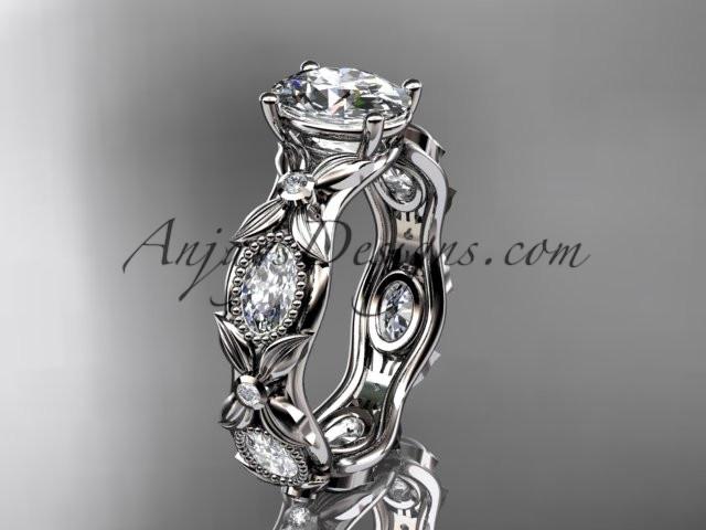 platinum diamond leaf and vine wedding ring, engagement ring with a "Forever One" Moissanite center stone ADLR152 - AnjaysDesigns