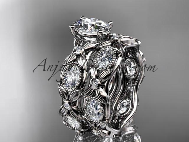 platinum diamond leaf and vine wedding ring, engagement set with a "Forever One" Moissanite center stone ADLR152S - AnjaysDesigns