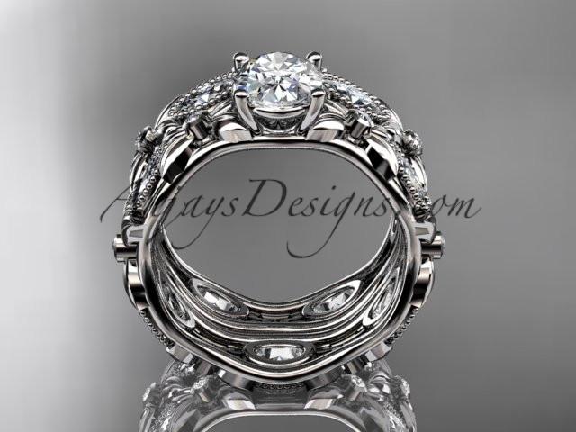 platinum diamond leaf and vine wedding ring, engagement set with a "Forever One" Moissanite center stone ADLR152S - AnjaysDesigns