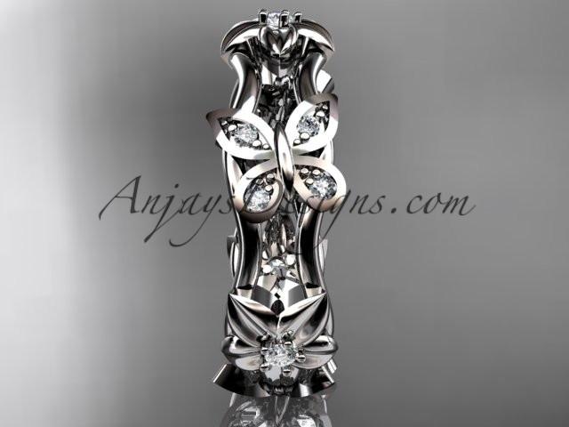 14kt white gold diamond floral butterfly wedding ring, engagement ring, wedding band ADLR153. nature inspired jewelry - AnjaysDesigns
