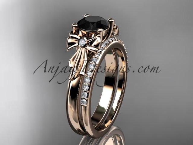 14kt rose gold diamond unique engagement set, wedding ring with a Black Diamond center stone ADER154S - AnjaysDesigns
