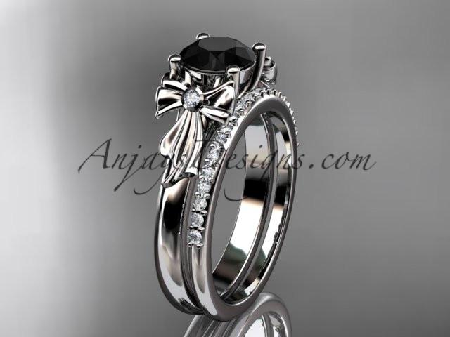 14kt white gold diamond unique engagement set, wedding ring with a Black Diamond center stone ADER154S - AnjaysDesigns