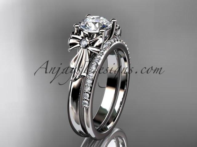 platinum diamond unique engagement set, wedding ring with a "Forever One" Moissanite center stone ADER154S - AnjaysDesigns