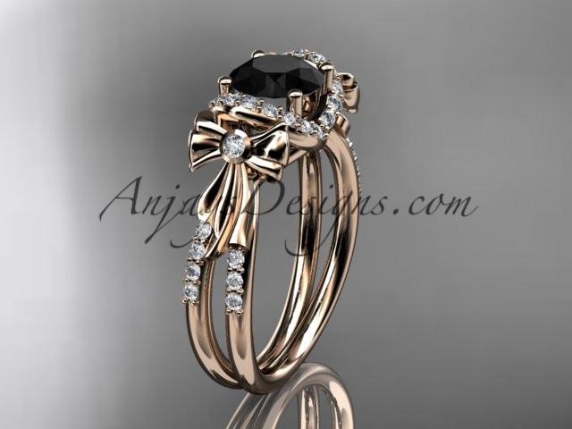 14kt rose gold diamond unique engagement ring, bow ring, wedding ring with a Black Diamond center stone ADER155 - AnjaysDesigns