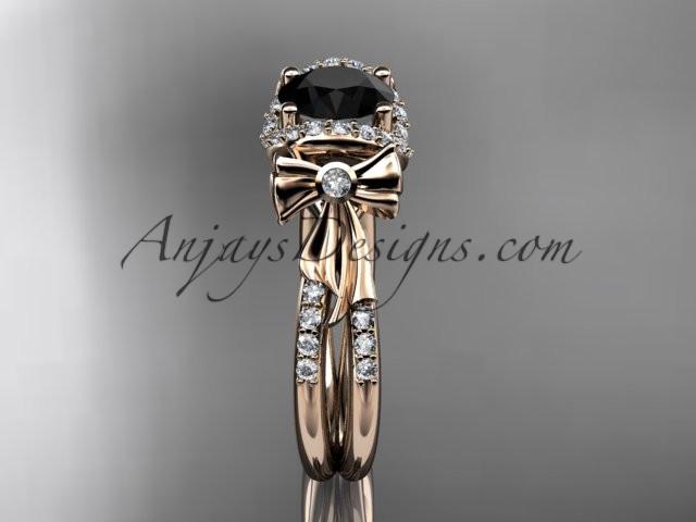 14kt rose gold diamond unique engagement ring, bow ring, wedding ring with a Black Diamond center stone ADER155 - AnjaysDesigns