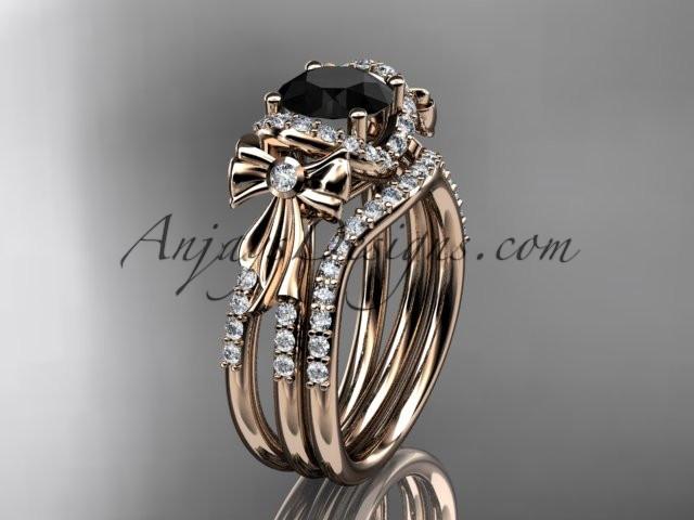 14kt rose gold diamond unique engagement set, wedding ring, bow ring with a Black Diamond center stone ADER155S - AnjaysDesigns