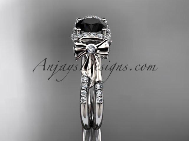 14kt white gold diamond unique engagement ring, bow ring, wedding ring with a Black Diamond center stone ADER155 - AnjaysDesigns
