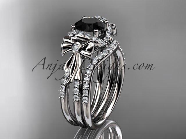 platinum diamond unique engagement set, wedding ring, bow ring with a Black Diamond center stone ADER155S - AnjaysDesigns
