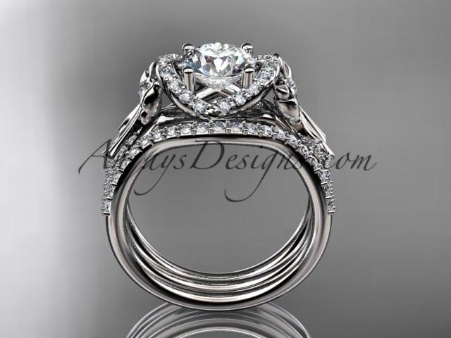 platinum diamond unique engagement set, wedding ring, bow ring with a "Forever One" Moissanite center stone ADER155S - AnjaysDesigns