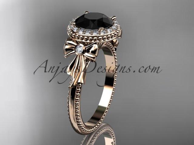 14kt rose gold diamond unique engagement ring, wedding ring with a Black Diamond center stone ADER157 - AnjaysDesigns