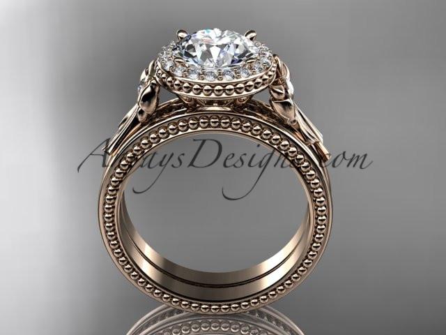 14kt rose gold diamond unique engagement set, wedding ring with a "Forever One" Moissanite center stone ADER157S - AnjaysDesigns