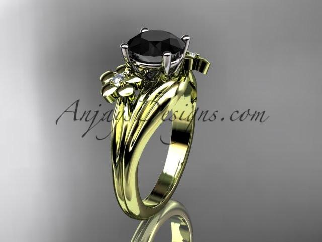 14k yellow gold diamond leaf and vine wedding ring, engagement ring with a Black Diamond center stone ADLR159 - AnjaysDesigns