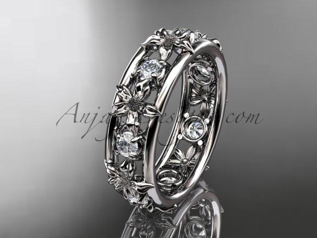 platinum diamond leaf wedding ring, engagement ring, wedding band. ADLR160 nature inspired jewelry - AnjaysDesigns