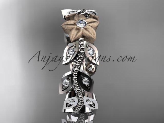 14kt two-tone gold diamond flower, leaf and vine wedding ring, engagement ring, wedding band ADLR161 - AnjaysDesigns