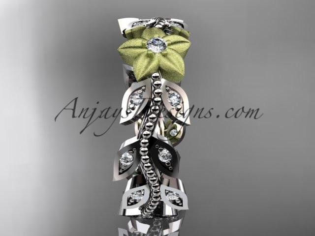 14kt two-tone gold diamond flower, leaf and vine wedding ring, engagement ring, wedding band ADLR161 - AnjaysDesigns