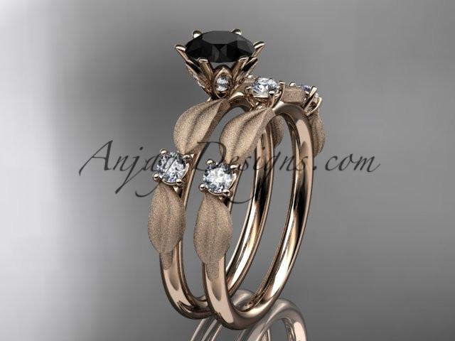 14kt rose gold diamond unique leaf and vine engagement set, wedding set with a Black Diamond center stone ADER177S - AnjaysDesigns