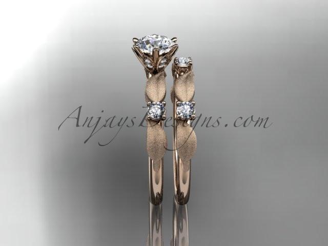 14kt rose gold diamond unique leaf and vine engagement set, wedding set with a "Forever One" Moissanite center stone ADER177S - AnjaysDesigns