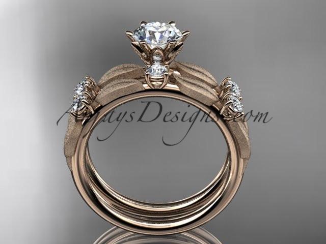 14kt rose gold diamond unique leaf and vine engagement set, wedding set with a "Forever One" Moissanite center stone ADER177S - AnjaysDesigns