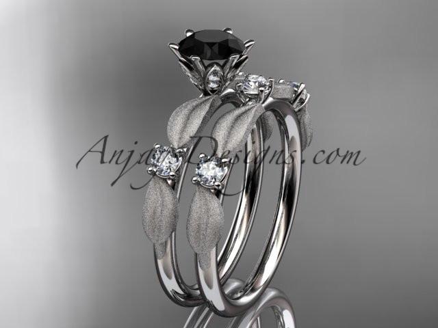 platinum diamond unique leaf and vine engagement set, wedding set with a Black Diamond center stone ADER177S - AnjaysDesigns