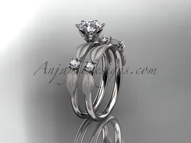 14kt white gold diamond unique leaf and vine engagement set, wedding set with a "Forever One" Moissanite center stone ADER177S - AnjaysDesigns