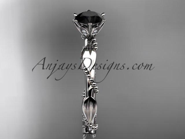 platinum diamond vine and leaf wedding ring with a Black Diamond center stone ADLR178 - AnjaysDesigns