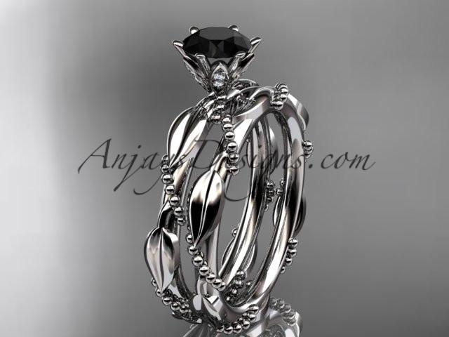 platinum diamond vine and leaf wedding ring, engagement set with a Black Diamond center stone ADLR178S - AnjaysDesigns