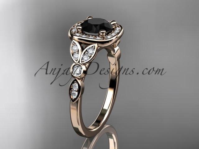 14kt rose gold diamond leaf and vine wedding ring, engagement ring with a Black Diamond center stone ADLR179 - AnjaysDesigns