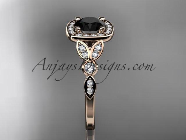 14kt rose gold diamond leaf and vine wedding ring, engagement ring with a Black Diamond center stone ADLR179 - AnjaysDesigns