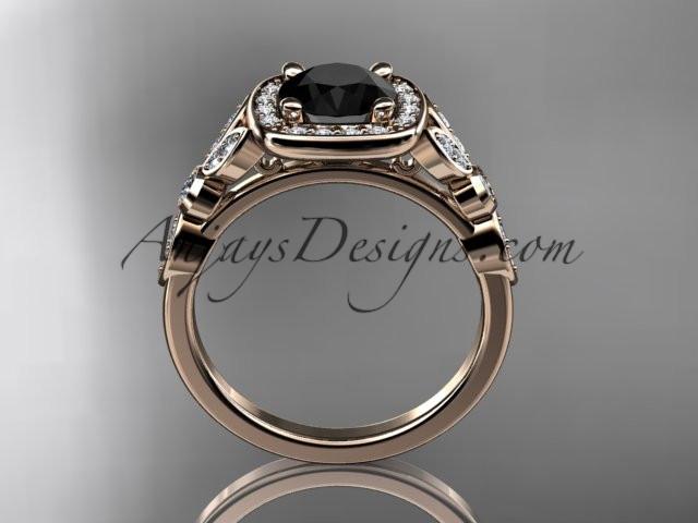 14kt rose gold diamond leaf and vine wedding ring, engagement ring with a Black Diamond center stone ADLR179 - AnjaysDesigns