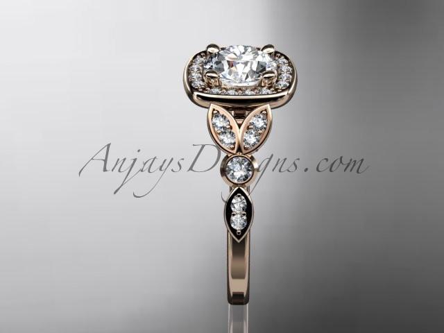 14kt rose gold diamond leaf and vine wedding ring, engagement ring with a "Forever One" Moissanite center stone ADLR179 - AnjaysDesigns