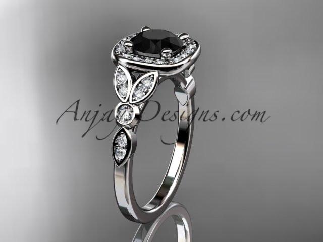 14kt white gold diamond leaf and vine wedding ring, engagement ring with a Black Diamond center stone ADLR179 - AnjaysDesigns