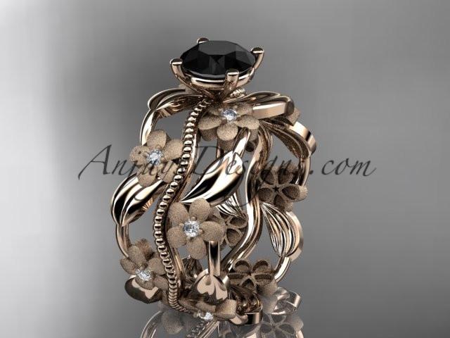 14kt rose gold diamond leaf and vine wedding ring, engagement ring with a Black Diamond center stone ADLR188 - AnjaysDesigns