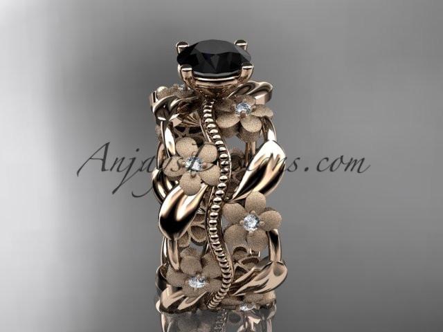 14kt rose gold diamond leaf and vine wedding ring, engagement ring with a Black Diamond center stone ADLR188 - AnjaysDesigns