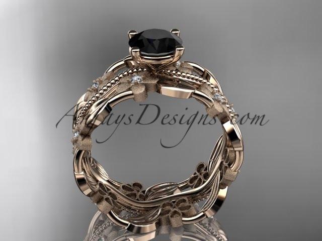 14kt rose gold diamond leaf and vine wedding ring, engagement ring with a Black Diamond center stone ADLR188 - AnjaysDesigns