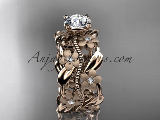 14kt rose gold diamond leaf and vine wedding ring, engagement ring with a "Forever One" Moissanite center stone ADLR188 - AnjaysDesigns