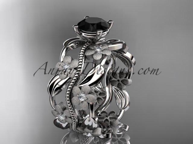 14kt white gold diamond leaf and vine wedding ring, engagement ring with a Black Diamond center stone ADLR188 - AnjaysDesigns
