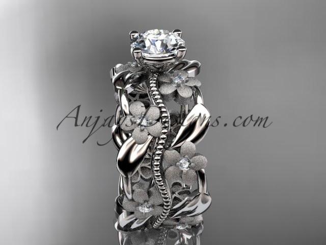 14kt white gold diamond leaf and vine wedding ring, engagement ring with a "Forever One" Moissanite center stone ADLR188 - AnjaysDesigns
