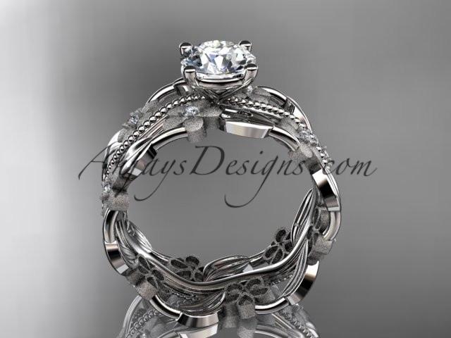 platinum diamond leaf and vine wedding ring, engagement ring with a "Forever One" Moissanite center stone ADLR188 - AnjaysDesigns