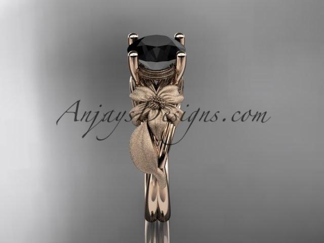 14kt rose gold leaf and vine engagement ring with a Black Diamond center stone ADLR189 - AnjaysDesigns
