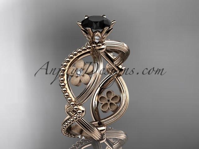 14kt rose gold diamond floral wedding ring, engagement ring with a Black Diamond center stone ADLR192 - AnjaysDesigns