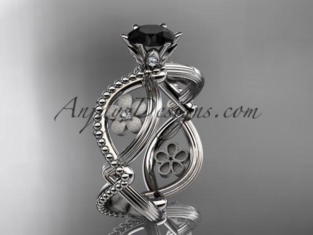 14kt white gold diamond floral wedding ring, engagement ring with a Black Diamond center stone ADLR192 - AnjaysDesigns