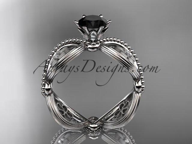 14kt white gold diamond floral wedding ring, engagement ring with a Black Diamond center stone ADLR192 - AnjaysDesigns