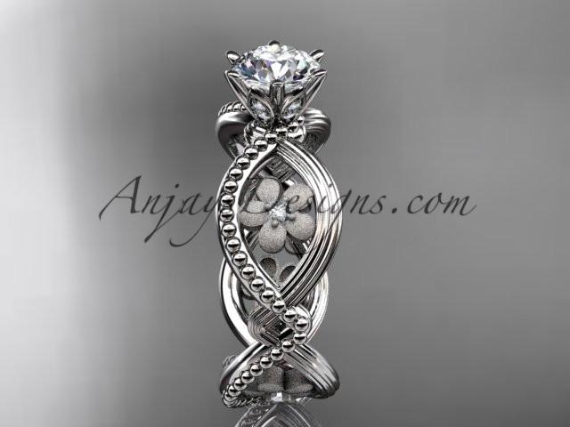 14kt white gold diamond floral wedding ring, engagement ring with a "Forever One" Moissanite center stone ADLR192 - AnjaysDesigns
