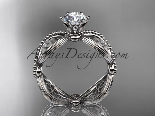 14kt white gold diamond floral wedding ring, engagement ring with a "Forever One" Moissanite center stone ADLR192 - AnjaysDesigns