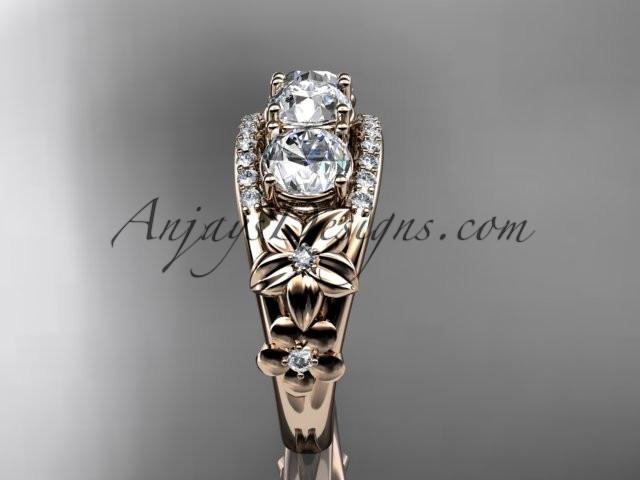 14kt rose gold diamond flower 3 stone Forever One Moissanite wedding ring ADLR203 - AnjaysDesigns